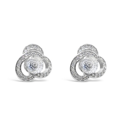 Sterling Silver Earring 8mm Round Clear Cubic Zirconia with Cubic Zirconia Lines Around