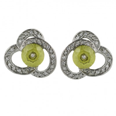 Sterling Silver Earring 8mm Round Light Olivine Cubic Zirconia with Cubic Zirconia Lines Around