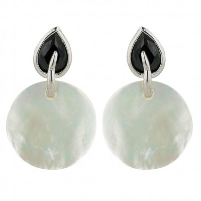 Sterling Silver Earring 18mm Round White Mother of Pearl with Black Cubic Zirconia Tear Drop