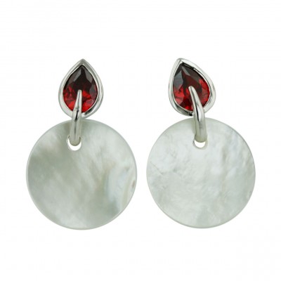 Sterling Silver Earring 18mm Round White Mother of Pearl with Garnet Cubic Zirconia Tear Drop