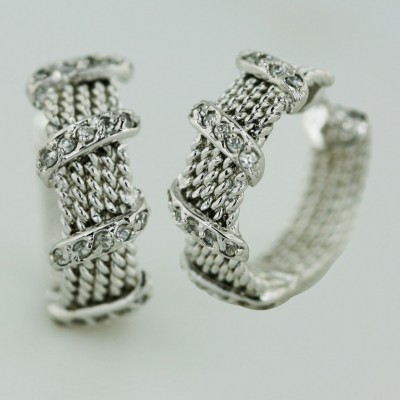 Sterling Silver Earring 5 Row Rope+Clear Cubic Zirconia Lines Wrap on Huggies