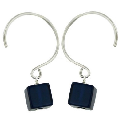 Sterling Silver Earring 8X8mm Sapphire Glass Dice with Circle Hook