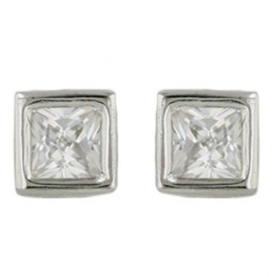 Sterling Silver Earring Outer 6X6mm Square Clear Cubic Zirconia Square Bezel Stud