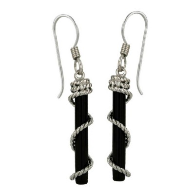 Sterling Silver Earg 20Mm Onyx Stick+Rope W/ French Wire