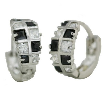 Sterling Silver Earring 10Pcs Black+Clear Cubic Zirconia Huggies