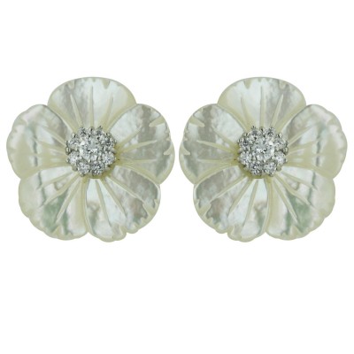 Sterling Silver Earring Width=22mm White Mother of Pearl Flower+Clear Cubic Zirconia Cente