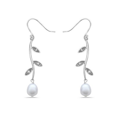 Sterling Silver Earring 7Mm White Fresh Water Pearl W/3 Clear Cubic Zirconia Leaves On St