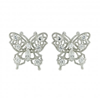 Sterling Silver Earring (W=21mm) Open Butterfly with Clear Cubic Zirconia