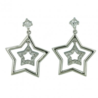 Sterling Silver Earring Plain+Clear Cubic Zirconia Open Star Dangle