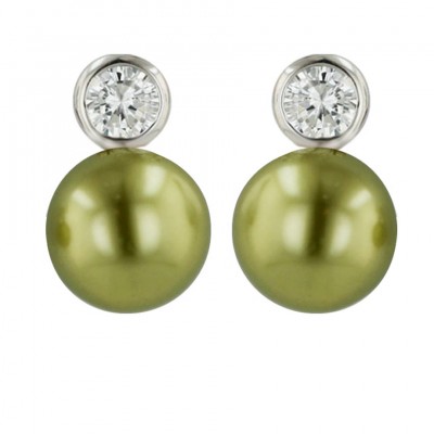 Sterling Silver Earring 5mm Round Bezel Clear Cubic Zirconia+12mm Olivine Faux P