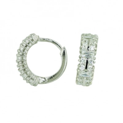 Sterling Silver Earring Clear Cubic Zirconia 3 Baguette Huggies-Rhodium