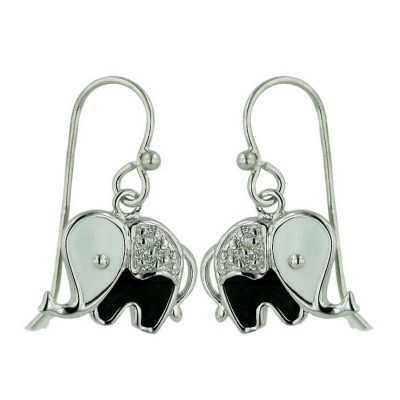 Sterling Silver Earring Black+White Enamel+Clear Cubic Zirconia Elephant with Fish H