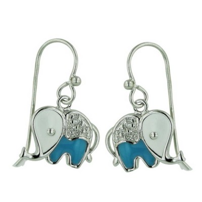 Sterling Silver Earring Turquoise Epoxy#11+White Epoxy#9+Clear Cubic Zirconia Elephant