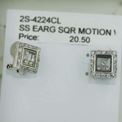 Sterling Silver Earring Square Motion with 3Pcs Clear Cubic Zirconia+Omega Back