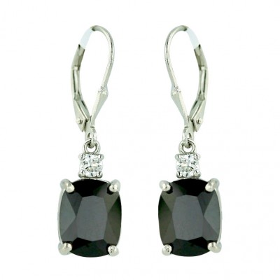 Sterling Silver Earring 3mm Clear Cubic Zirconia Top+10X8mm Oval Black Cubic Zirconia with Level