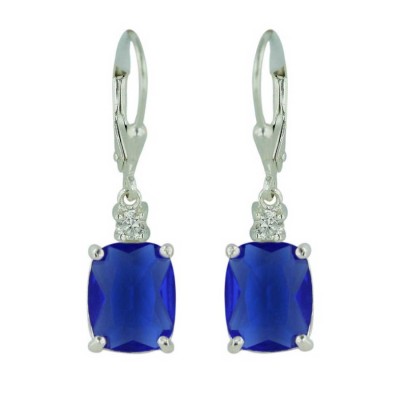 Sterling Silver Earring 3mm Clear Cubic Zirconia Top+10X8mm Oval Sapphire Glass