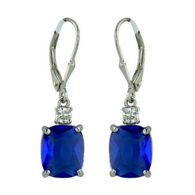 Sterling Silver Earring 3mm Clear Cubic Zirconia Top+10X8mm Oval Sapphire Glass