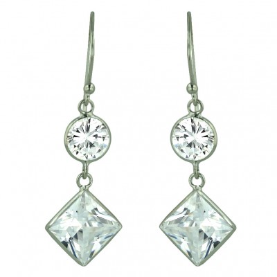 Sterling Silver Earring 8.5mm Round+14X14mm Square Clear Cubic Zirconia Bezel Set with
