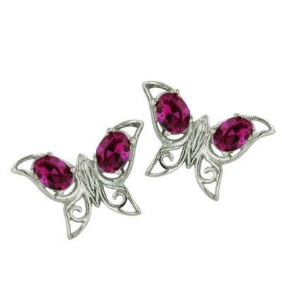Sterling Silver Earring 2 (6X4mm) Oval Fushcia Pink Crystal Open Bu