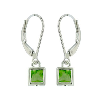 Sterling Silver Earring 6X6mm Peridot Cubic Zirconia Square Bezel with Levelback--Rhodium Plating