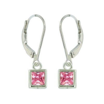 Sterling Silver Earring 6X6mm Pink Cubic Zirconia Square Bezel with Levelback--Rhodium Plating