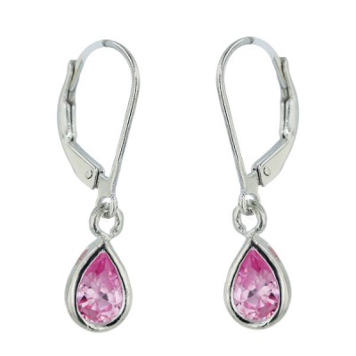 Sterling Silver Earring 7X5mm Pink Cubic Zirconia Tear Drop Bezel with Levelback--Rhodium Plating