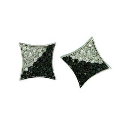 Sterling Silver Earring Squeeze in 13X13mm (Flat) Square Pave Black/Clear