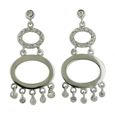 Sterling Silver Earring Plain+Clear Cubic Zirconia Oval with 5 Dangling Cubic Zirconia Bezel