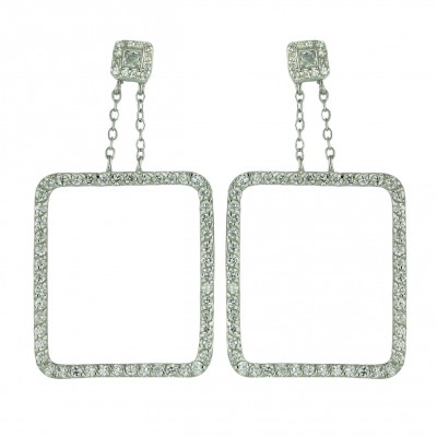 Sterling Silver Earring 34X28mm Clear Cubic Zirconia Open Rectangular Dangle
