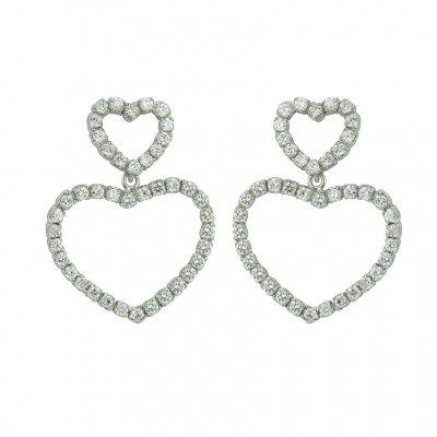 Sterling Silver Earring 2 Clear Cubic Zirconia Open Heart