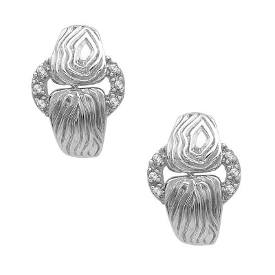 Sterling Silver Earring Clear Cubic Zirconia Open Oval Holding 2 Plain Line Textu