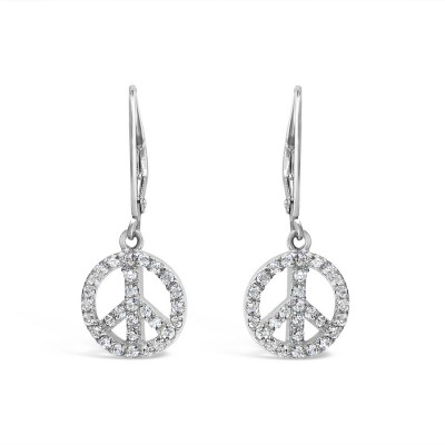 Sterling Silver Earring 12mm Clear Cubic Zirconia Open Peace Symbol with Levelback