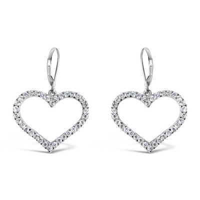 Sterling Silver Earring Heart Clear Cubic Zirconia Line Dangling With Lever