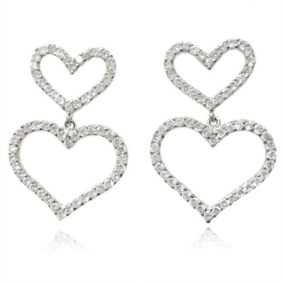 Sterling Silver Earring Double Clear Cubic Zirconia Open Heart
