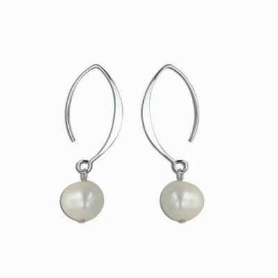 Sterling Silver Earring Small Almond Hook with 9-10mm White Fresh Water Pearl--