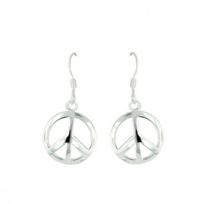 Sterling Silver Earring Plain Dome Open Peace Symbol with Fish Wire-