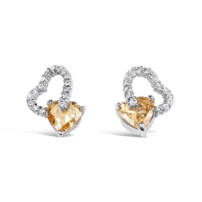 Sterling Silver Earring Clear Cubic Zirconia Open Heart+8X8mm Champagne Cubic Zirconia Heart