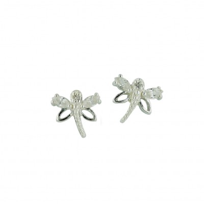 Sterling Silver Earring 2Pcs Clear Cubic Zirconia Marquis+Open Dragonfly--E-coated