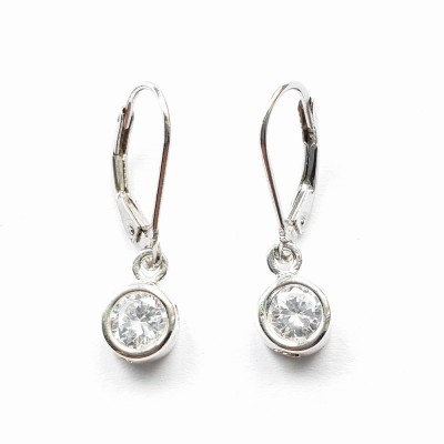 Sterling Silver Earring 6 Mm Clear Cubic Zirconia Round Bezel With Levelback*