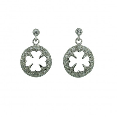Sterling Silver Earring Clover Cutout Pave Clear Cubic Zirconia Dangle
