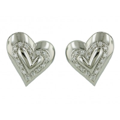 Sterling Silver Earring Plain+Clear Cubic Zirconia Puff Heart