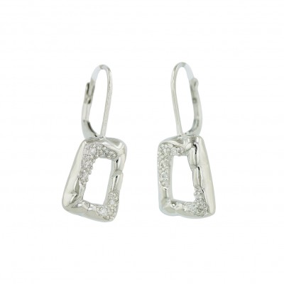Sterling Silver Earring Twisted Open Rectangular Plain+Clear Cubic Zirconia with Stiff Le
