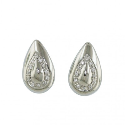 Sterling Silver Earring Plain+Clear Cubic Zirconia Tear Drop