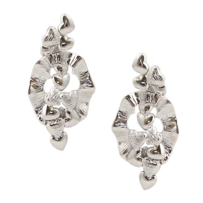 Sterling Silver Earring 18.5mm Oval Line Texture with Plain Hearts