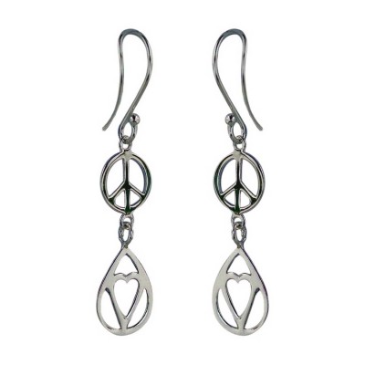Sterling Silver Earring Plain Peace Symbol+Open Tear Drop+Heart with Fis