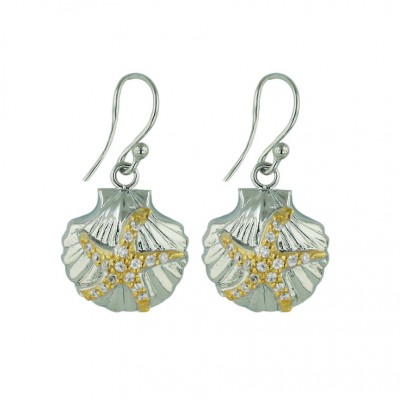 Sterling Silver Earring 14mm Clear Cubic Zirconia Starfish on Line Texture Shell