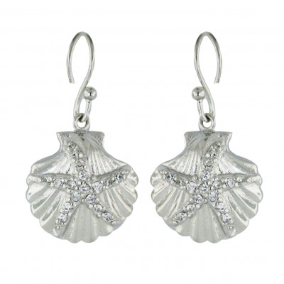 Sterling Silver Earring 14mm Clear Cubic Zirconia Starfish on Line Texture Shell