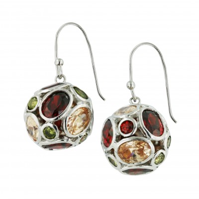 Sterling Silver Earring Garnet +Champagne+Ovline Cubic Zirconia Oval+Round Bezel Set Ball