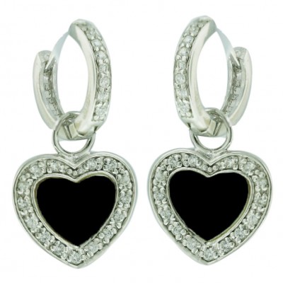 Sterling Silver Earring 13.5mm Onyx Heart with Clear Cubic Zirconia Huggies
