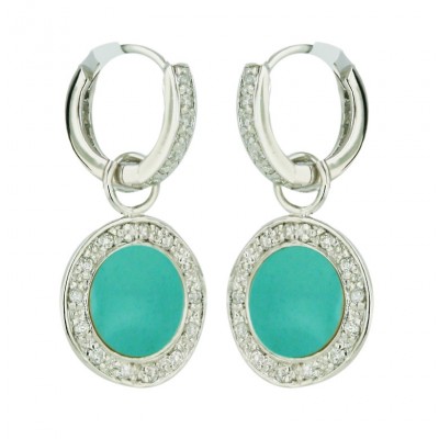 Sterling Silver Earring 12mm Oval Faux Turquoise with Clear Cubic Zirconia Huggies